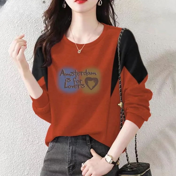 时尚拼接长袖卫衣女秋冬季百搭宽松显瘦气质拼色上衣服