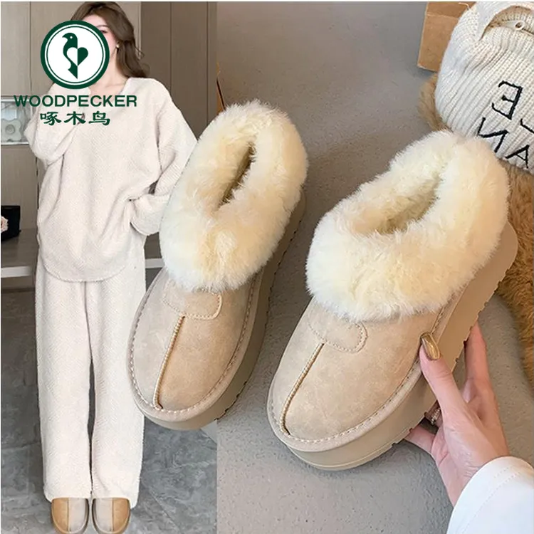 啄木鸟皮面雪地靴女2025年新款爆款冬季加绒厚底女鞋子东北大棉鞋