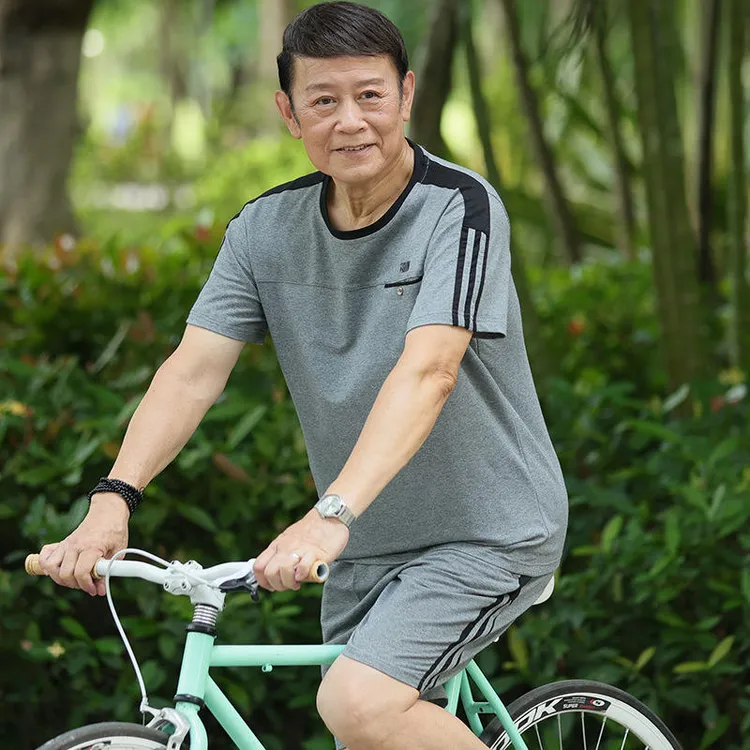夏季中老年圆领宽松爸爸装短袖棉T恤运动套装男老人薄款衣服批发