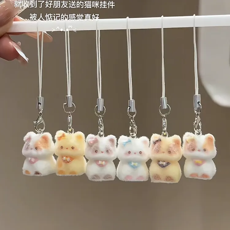 可爱植绒猫咪手机绳立体树脂钥匙链挂件手机挂饰包包情侣闺蜜礼物