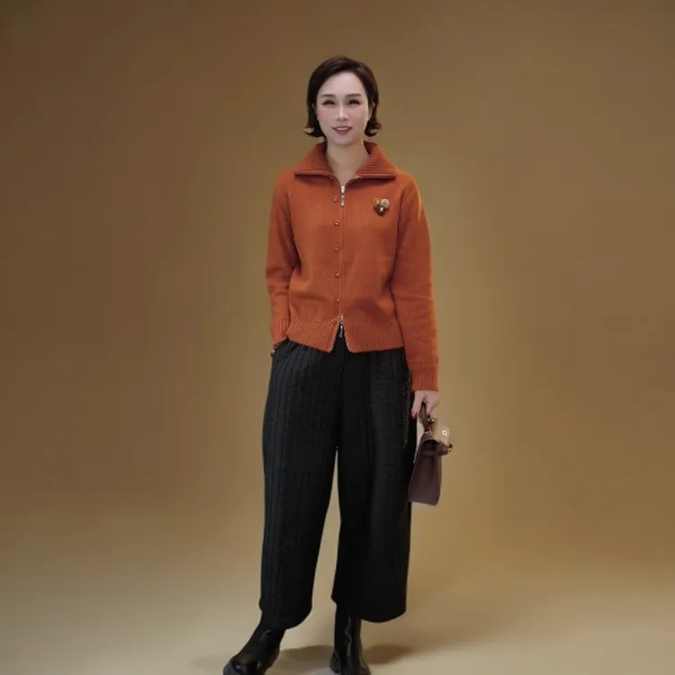 【赞妈甄选】新款加厚竖条纹休闲阔腿裤显瘦驼绒裤ZM1966N