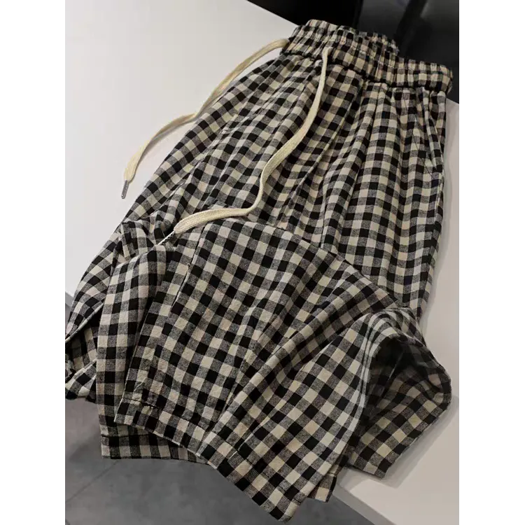 舒适感拉满~2025夏季简约复古松紧高腰宽松直筒九分格子休闲裤女