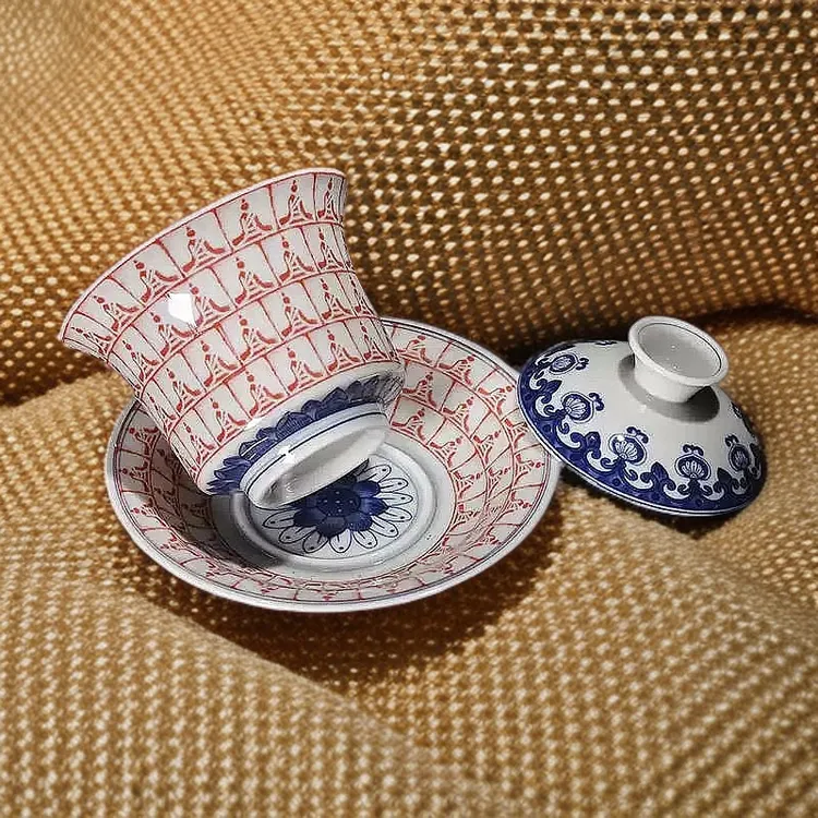 三才万佛大盖碗青花釉里红泡茶千佛茶碗功夫拓片茶具家用网红茶器