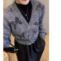 秋冬亮片时尚休闲开衫宽松开衫单排扣毛衣V领针织衫
