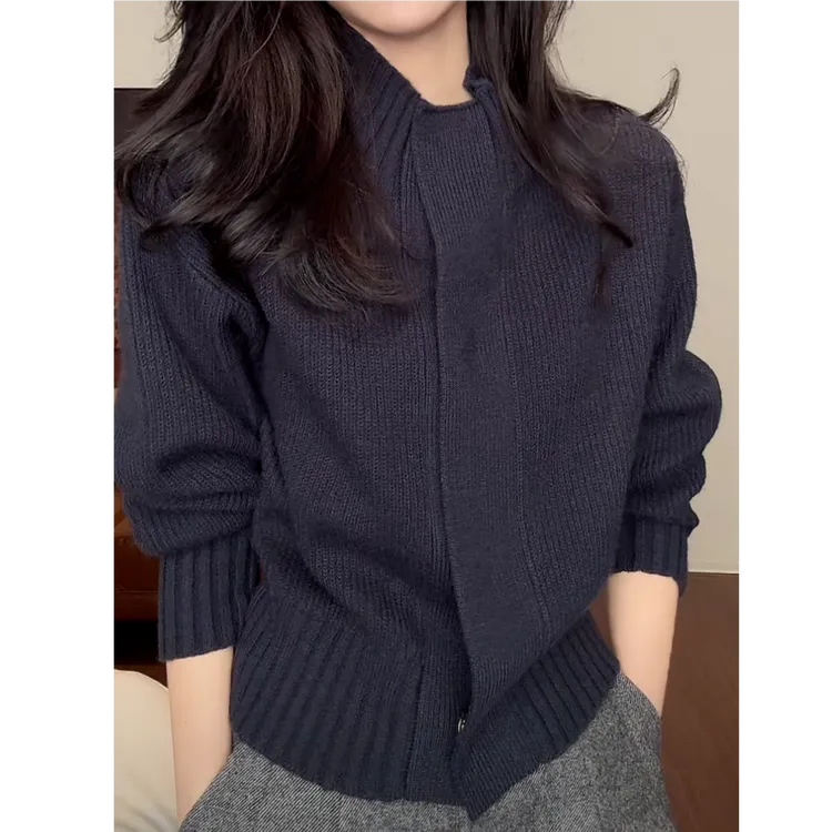 设计感复古纯色收腰立领针织开衫秋冬2025新款百搭时尚慵懒风毛衣