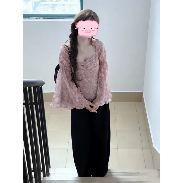 MARIE.COCO韩系设计感方领抽褶喇叭袖荷叶边雪纺衫女阔腿裤套装商品图