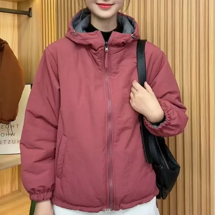 2025秋冬新款加厚保暖双面穿时尚百搭休闲简约通勤连帽款棉服外套