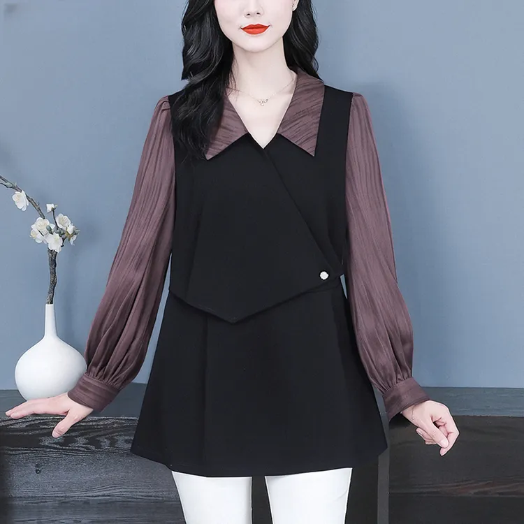 大码女装遮肚显瘦上衣时尚气质百搭设计感洋气拼接假两件250219