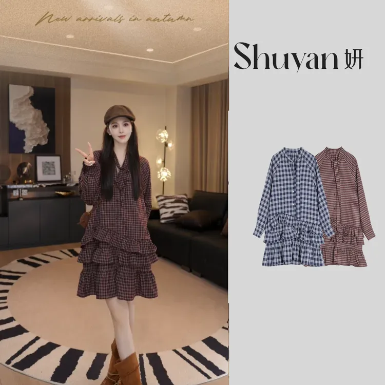 Shuyan妍【格仔miu裙】 290G重磅复古格子连衣裙639447