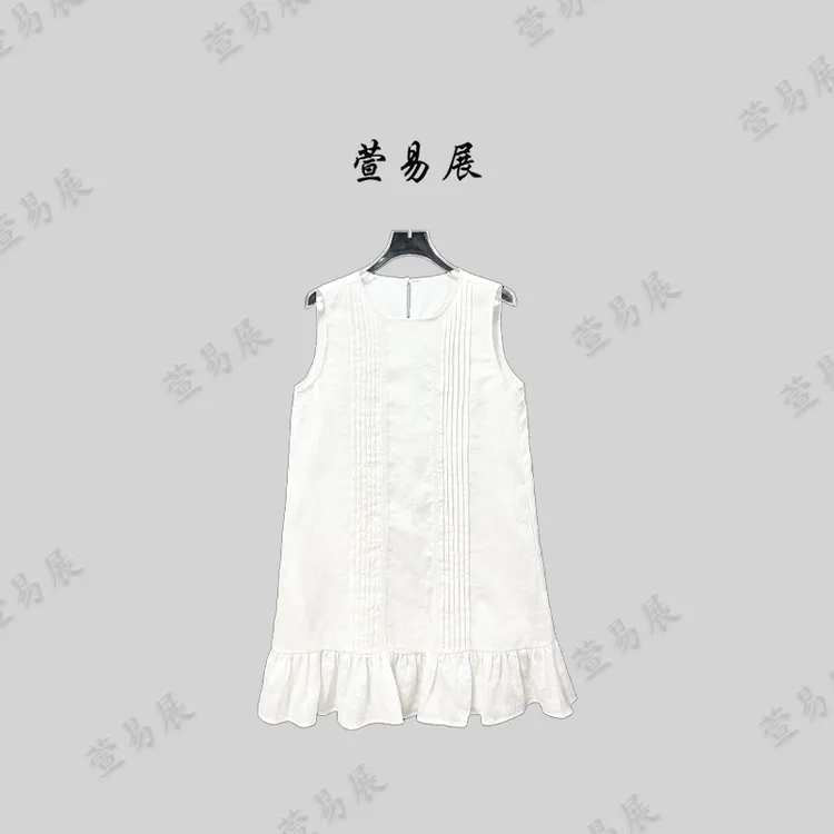 萱易展-“艺术生”100亚麻设计师风琴褶蕾丝刺绣连衣裙YY-QZ062701