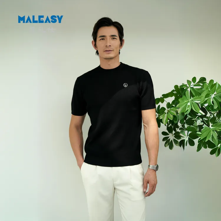 秋冬新款男士轻奢短袖针织衫时尚简约纯色休闲修身圆领打底毛衣