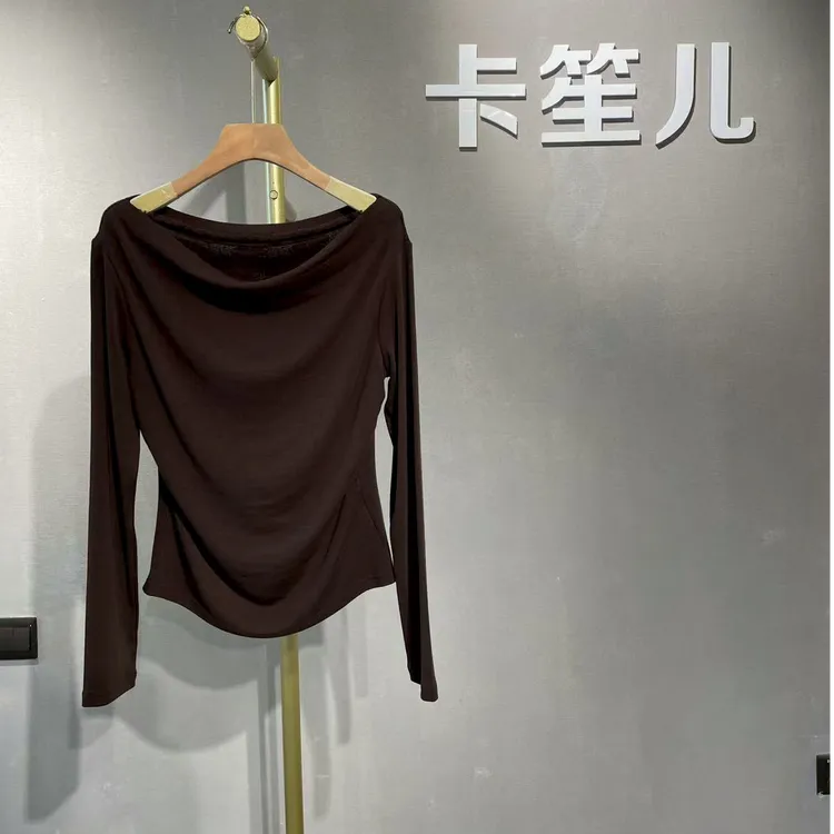 Cousin|早秋新款法式优雅荡领蕾丝拼接褶皱收腰显瘦长袖T恤2525