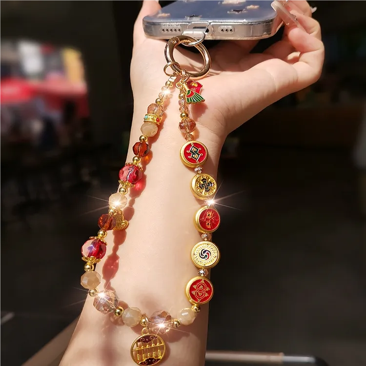 复古中国风五路财神手机链高级感水晶串珠手腕手提链挂饰手机挂绳