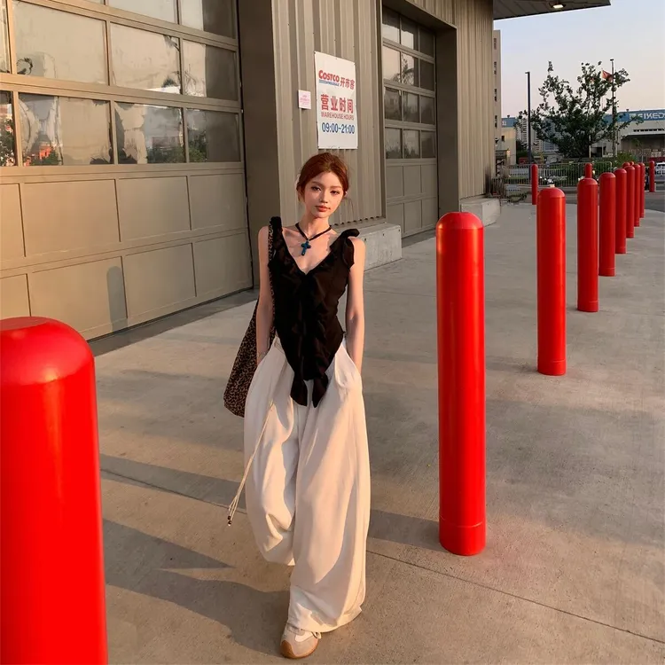 夏季新款时尚网红洋气炸街女装小众花边设计感露背上衣阔腿裤套装