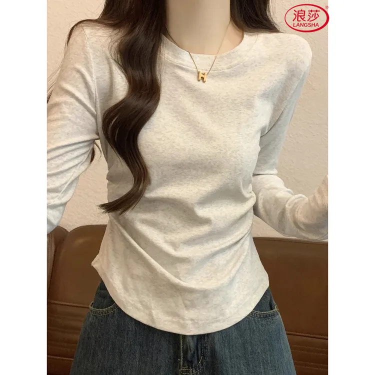 浪莎春秋冬薄款修身收腰t恤女长袖显瘦短款小个子圆领内搭打底衫