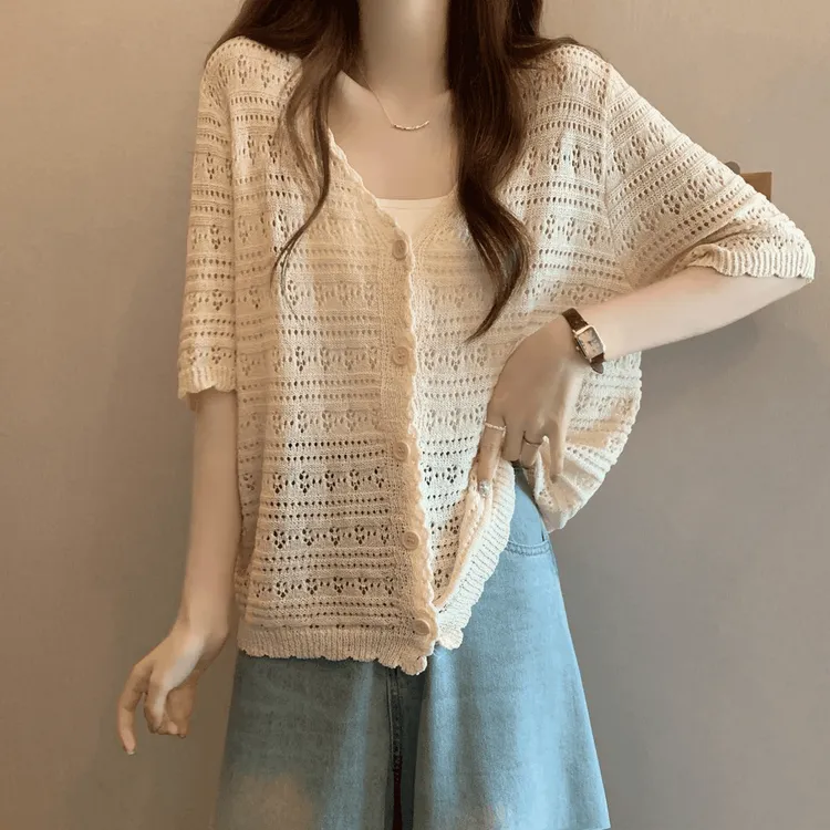 杏色冰丝防晒开衫女夏季薄款短袖针织衫大码胖mm吊带外搭镂空上衣