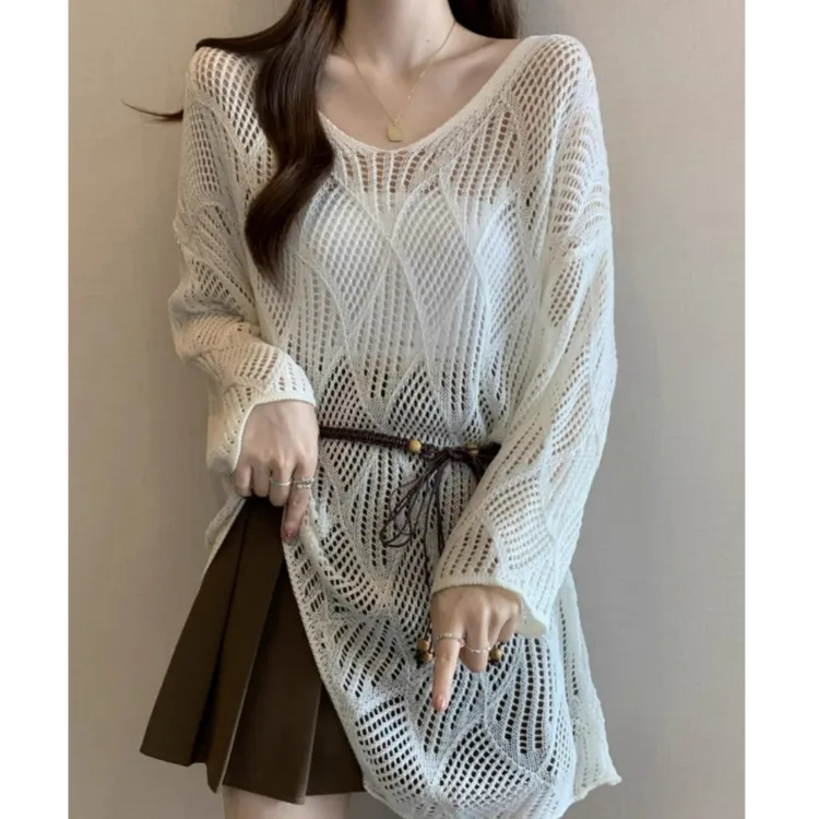镂空V领冰丝针织罩衫女夏季2025大码胖mm系带收腰中长款微透上衣