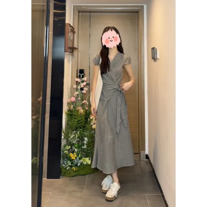 【长岛冰茶】格子长裙韩系春夏新款小个子设计感交叉绑带显瘦连衣裙