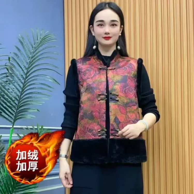 冬季加绒加厚新中式国风气质马甲时尚复古提花背心盘扣上衣260-2