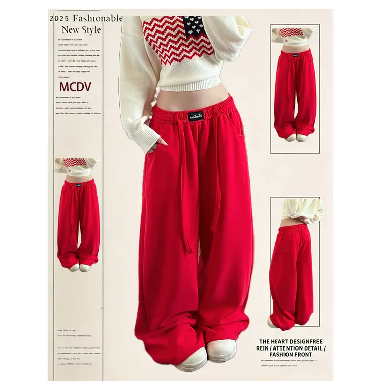美式复古红色弯刀卫裤女秋冬季新款设计感松紧腰裤子阔腿休闲裤子