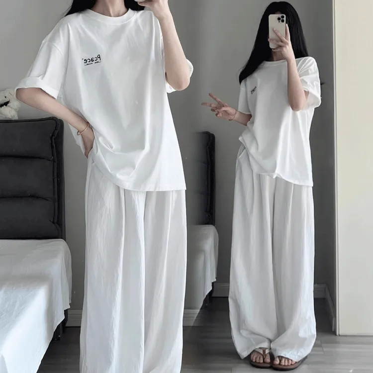 休闲运动服套装女夏季薄款学生显瘦短袖套装宽松阔腿长裤两件套