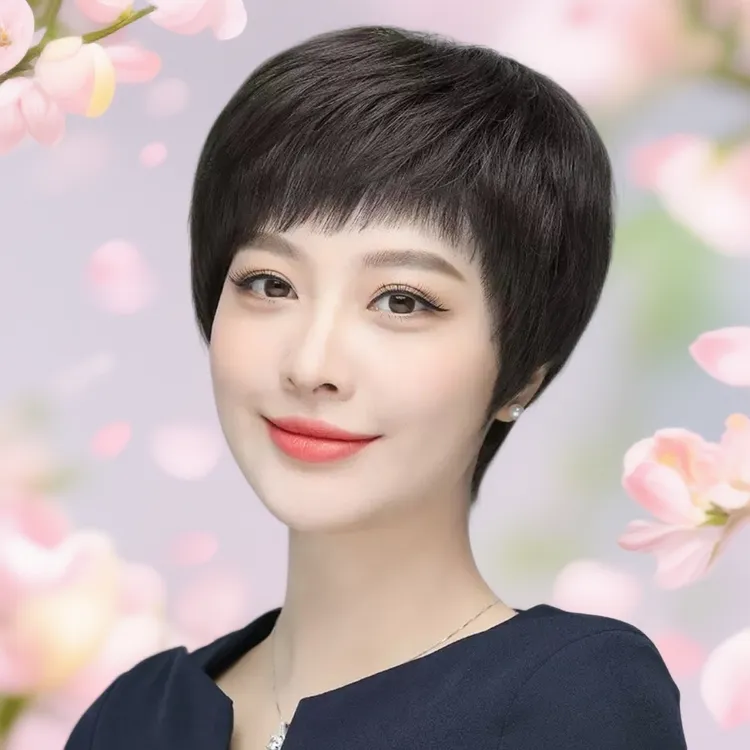 （热销款直发）手织弹力网轻薄透气全真发短款时尚头套假发自然减龄