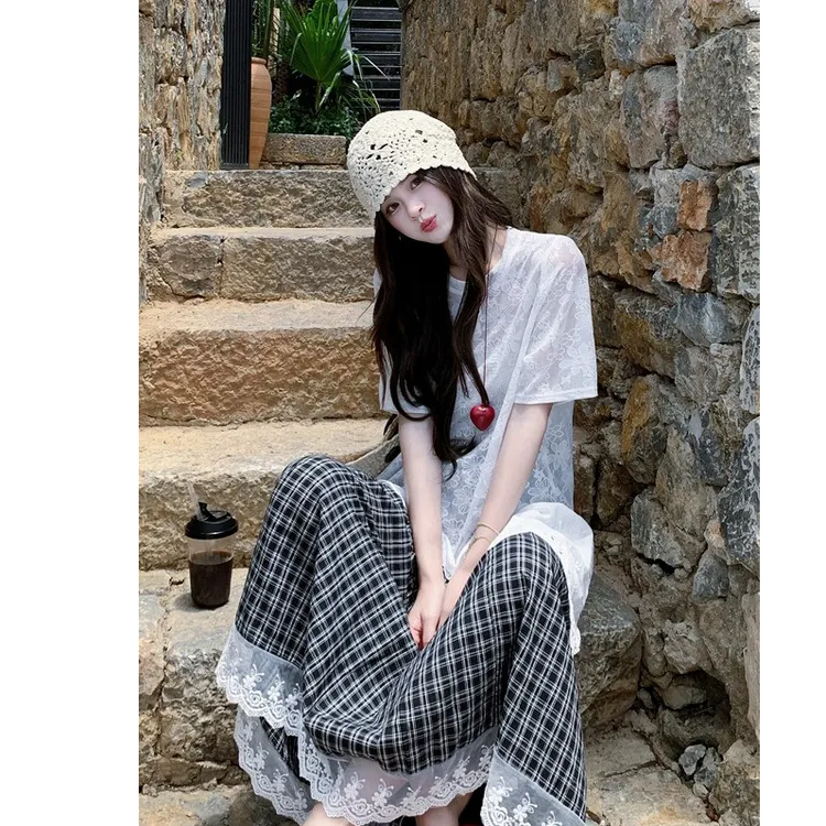 YH新款穿搭法式大码不规则蕾丝连衣裙叠穿遮肚藏肉套装裙女装1872