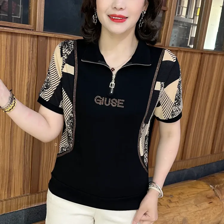 夏季翻领半拉链设计款拼接短袖中老年气质妈妈装宽松减龄显瘦女装