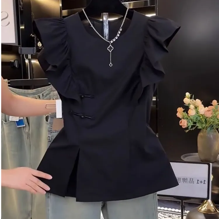 新中式高级感气质衬衫女装夏季新款中国风收腰显瘦短袖黑色上衣女