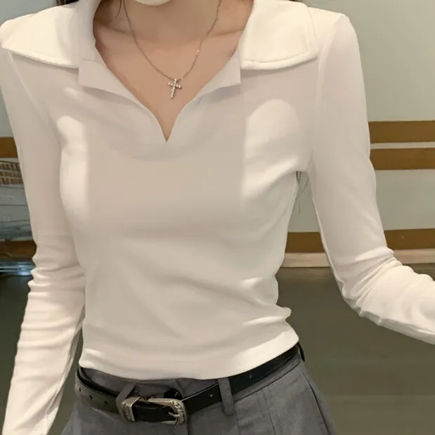 长袖t恤女2025新款春秋季修身白色内搭打底衫短款正肩polo领上衣
