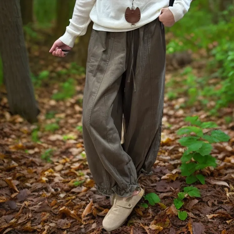 咖色九分花苞灯笼裤女秋新款胖妹妹mm宽松显瘦工装阔腿气球休闲裤