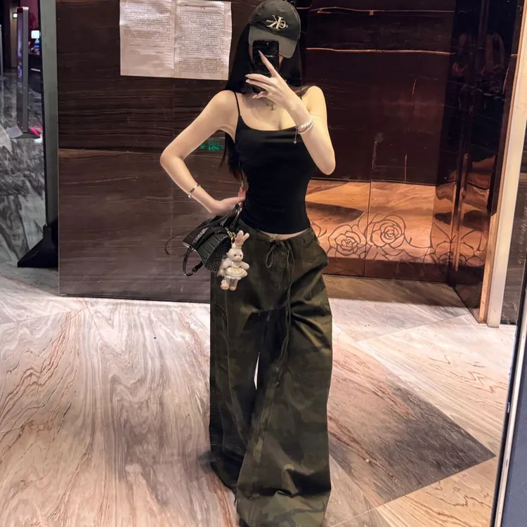 2025夏季爆款高级感小众韩系辣妹黑色吊带上衣休闲阔腿裤子套装女