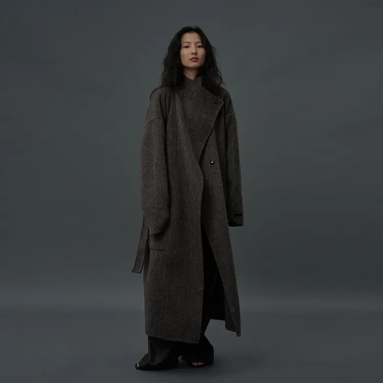 ZUM 不对称设计深灰色骆驼绒双面呢外套羊毛呢子大衣女长款英伦