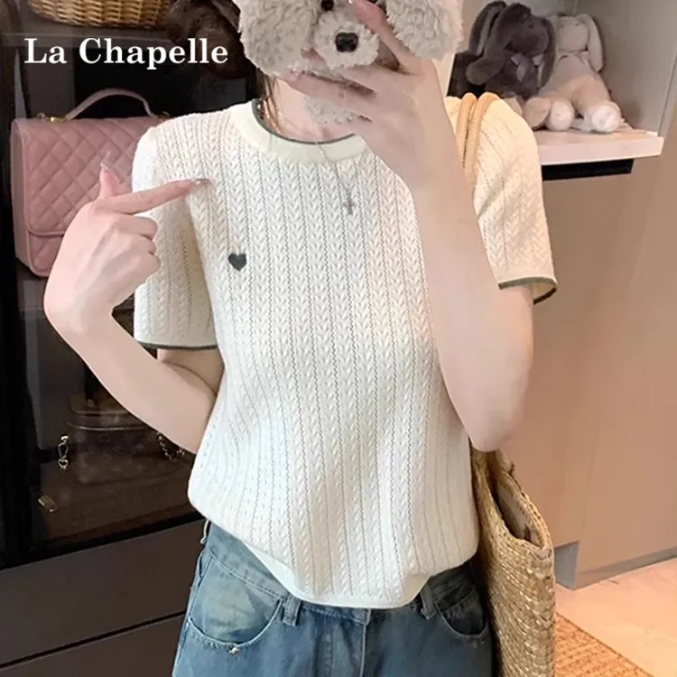 拉夏贝尔正肩圆领短袖t恤女2025新款夏季内搭打底衫刺绣修身上衣