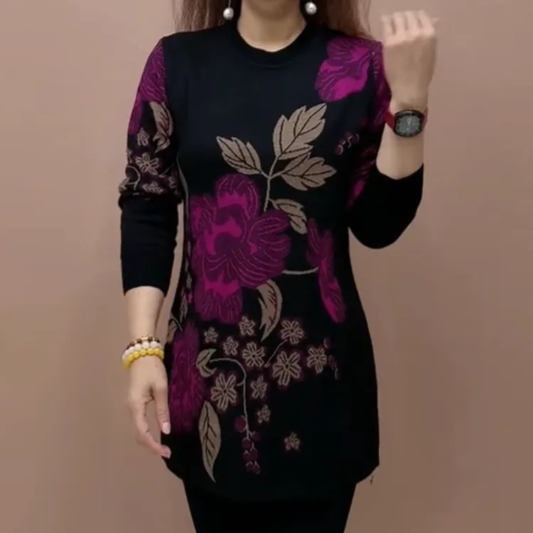 秋季高档遮肚显瘦减龄圆领针织大版衫潮流休闲百搭洋气中老年毛衣