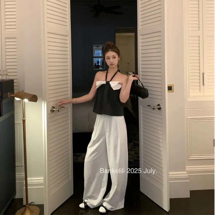 高级减龄蝴蝶结条纹抹胸女纯欲辣妹挂脖无袖上衣宽松休闲裤两件套