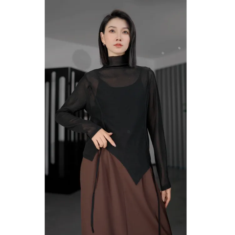 鑫鑫2025秋季新款不规则设计款打底衫别致微透秋冬打底T恤上衣