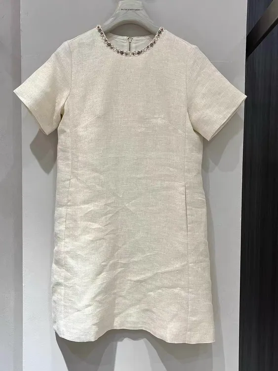 重工钉珠领小香风连衣裙女夏季新款时高级感尚洋气减龄米色裙子