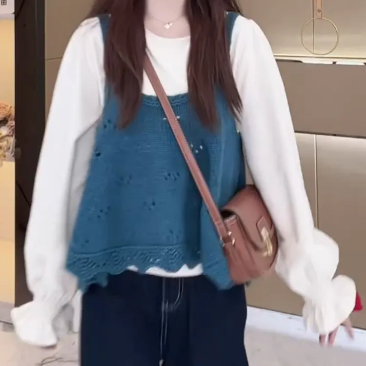 【真两件套】早秋温柔甜美喇叭袖衬衫搭针织吊带两件套女LK2505912
