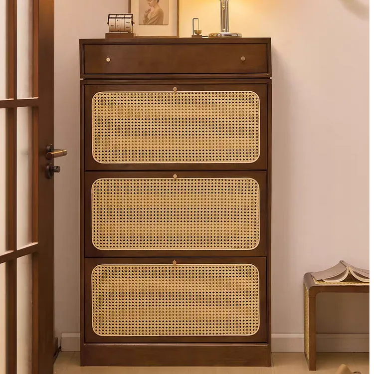 实木翻斗鞋柜超薄创意入户超窄鞋架玄关柜一体藤编收纳储物柜