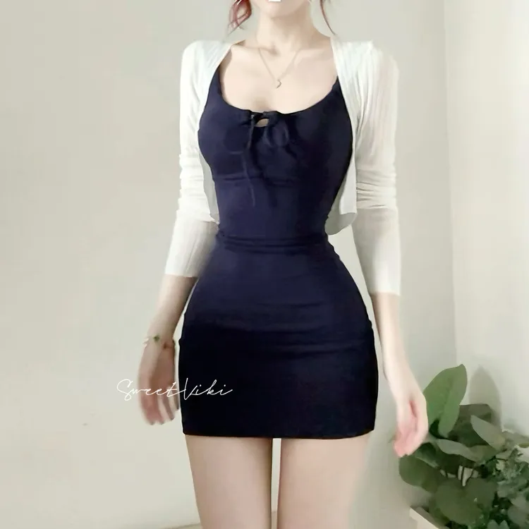 SweetKiki 超显身材的包臀裙 紧身连衣裙性感夏季系带收腰辣妹