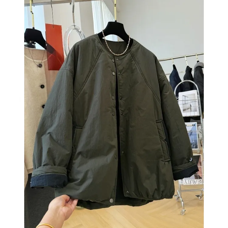 韩系高级感独特慵懒风休闲圆领夹棉外套女秋冬棉服洋气轻薄小棉袄