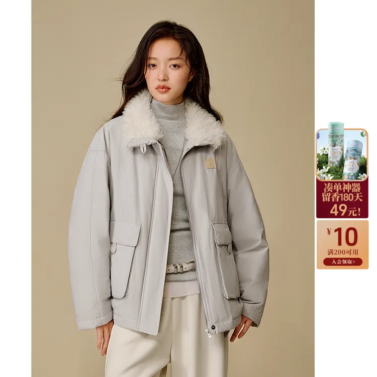 【年终狂欢购】茵曼25冬季三防毛绒领工装羽绒服鸭绒保暖外套