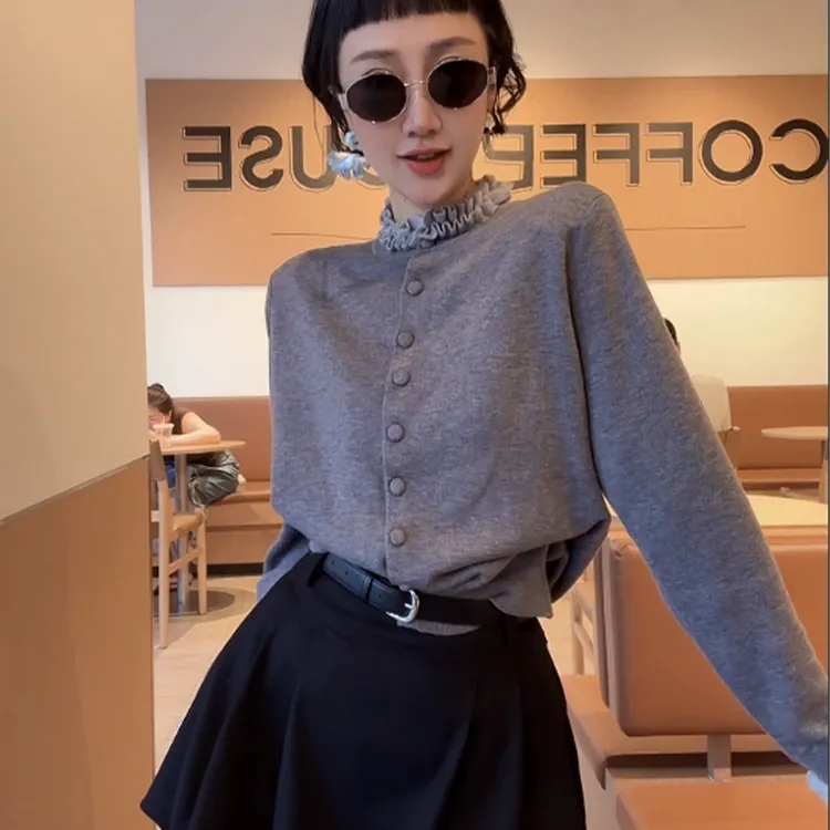 XIAOBAI 秋季木耳边针织衫洋气设计感长袖上衣显瘦百搭毛针织开衫