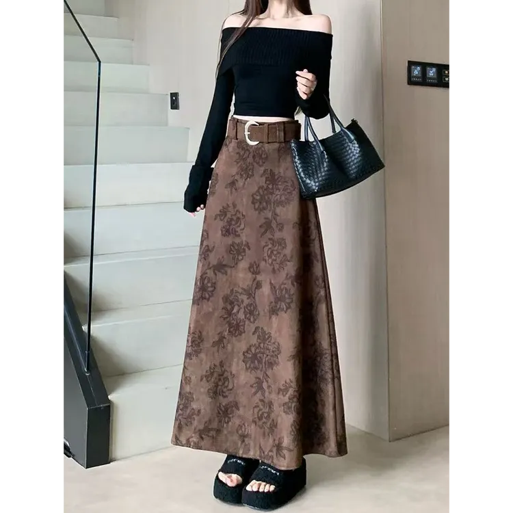 设计感复古印花咖色半身裙女2025秋冬新款气质高腰遮胯显瘦长裙