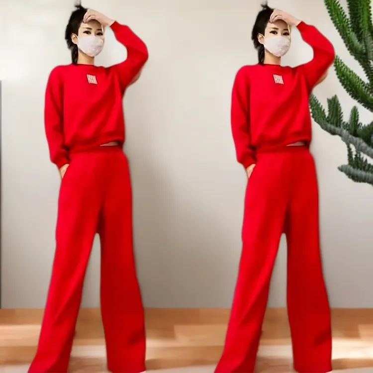 新款秋冬加绒通勤风中国红时尚保暖洋气高级感休闲百搭潮流两件套