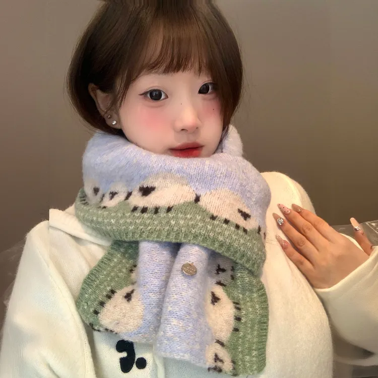 可爱小羊提花毛线针织围巾女冬季2025新款加厚保暖防寒护颈围脖潮