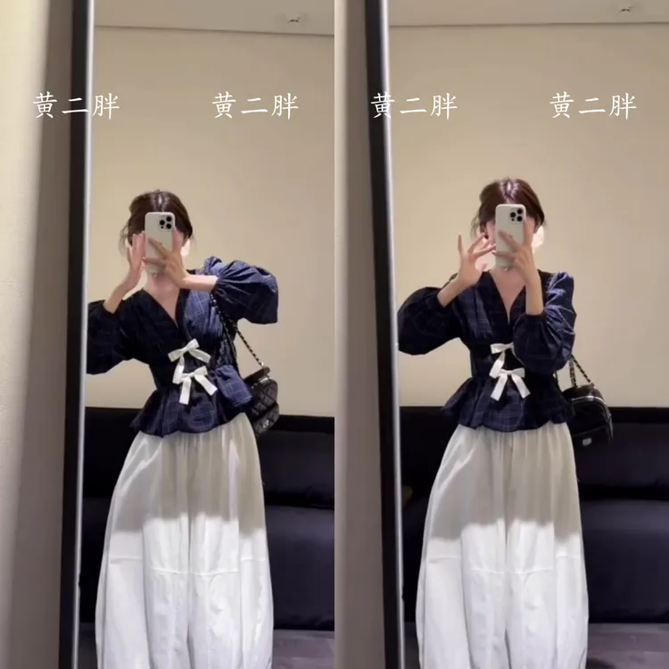 韩系氛围感衬衫一整套女秋季新款法式蝴蝶结格纹长袖衬衫+白色裙