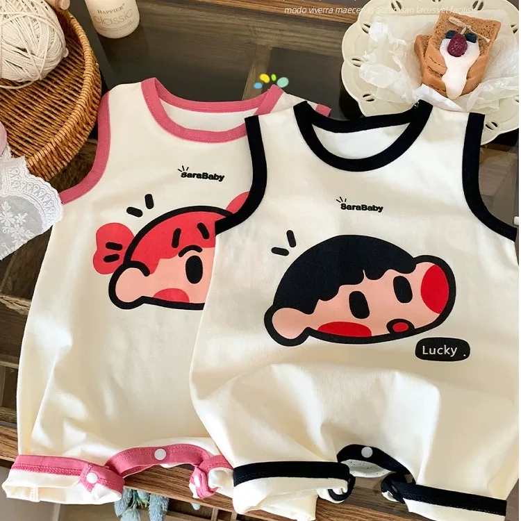 婴儿连体衣夏季薄款宝宝无袖包屁哈衣透气超萌卡通外出新生儿衣服