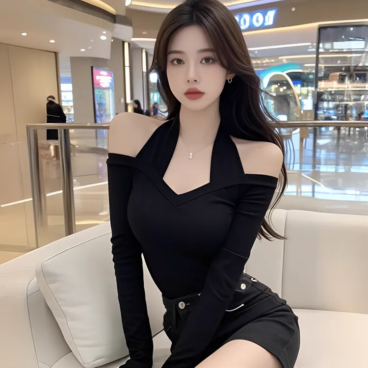 秋冬别致辣妹一字肩挂脖打底衫女内搭设计感修身露肩长袖绝美上衣